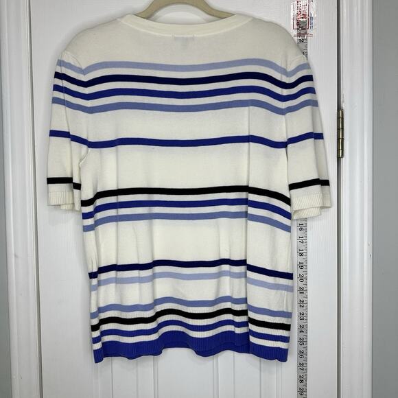 Talbots Womens Sweater XL Cream Oatmeal Blue Striped Knit Short Sleeve - Picture 8 of 9